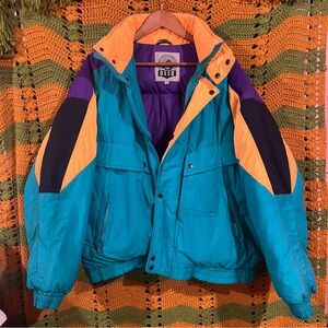 Vintage 90s DASH Life’s Adventures Teal Purple Orange Puffer Jacket L Retro Ski